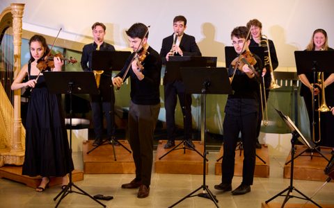 Musicians playing violins, saxophone, clarinet and trombone.