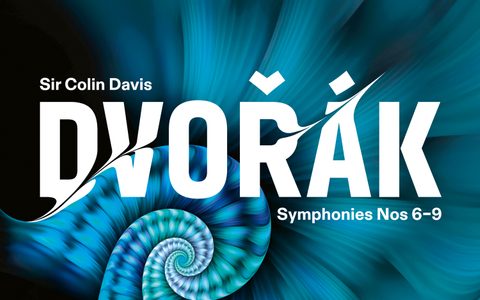 The album cover for Dvorak's' Symphonies 6-9 conducted by Sir Colin Davis, featuring the album information in front of a blue shell that swirls outwards against a blue background.