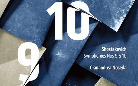 The album cover for Shostakovich's Symphonies Nos 9 & 10 with Gianandrea Noseda, with a large number 9 and number 10 centrally set against a blue and white background with geometric shapes.