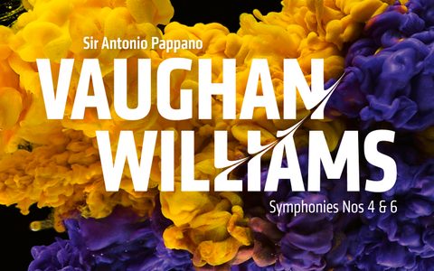 The album cover for Vaughan Williams' Symphonies Nos 4 & 6 with Sir Antonio Pappano, with the album information set in front a yellow cloud and purple cloud shape intersecting against a black background.