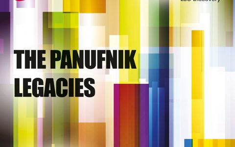 The album cover for The Panufnik Legacies, with the album information set in front of a series of vertical rectangular shapes of various colours.