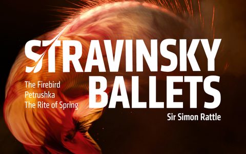 The album cover for Stravinsky's Ballets with Sir Simon Rattle, with the album information set in front of a red and orange blurred shape with sharp spines running across the top.