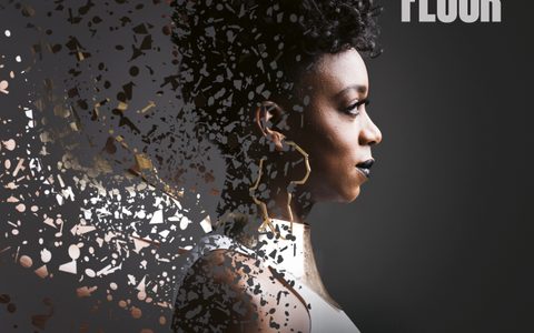 The album cover for Ocean Floor, featuring a photo of composer, singer and cellist Ayanna Witter-Johnson facing to the right against a dark background. The image breaks into smaller pieces and fans out to the left behind her.