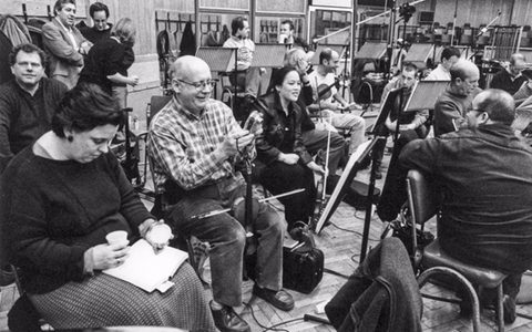 Nigel and other orchestra players at Abbey Road studios