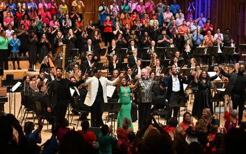 The performers of the 2023 Symphonic Gospel concert taking their bows in the Barbican hall.