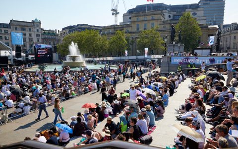 Audience members gathering to watch BMW Classics 2023 in Trafalgar Square