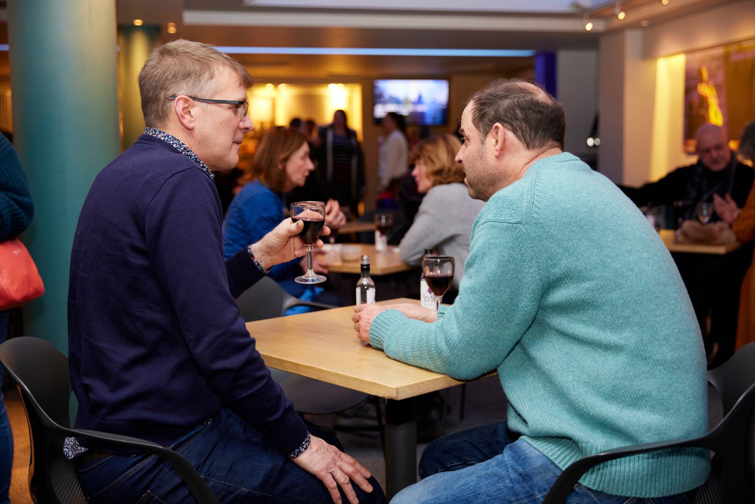 With a glass of wine in the Crypt Cafe and Bar