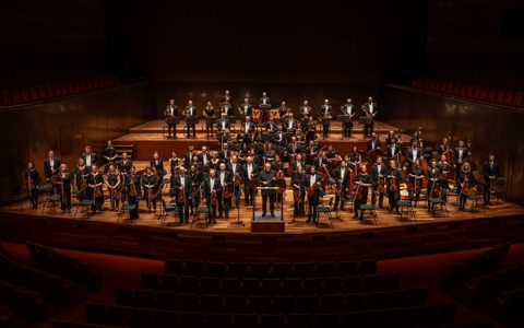 The Melbourne Symphony Orchestra stands on stage facing the camera, with conductor Jaime Martin standing on a podium at the front of the orchestra.