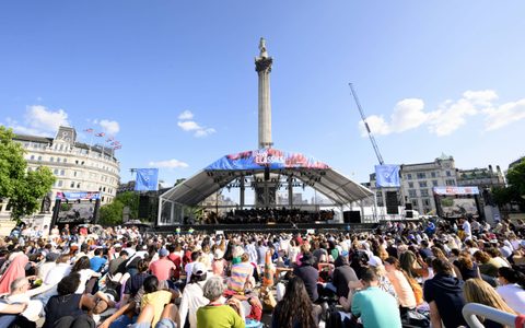 A large audience at Trafalgar Square, London watching the Sir Antonio Pappano conduct the LSO at BMW Classics 2025.