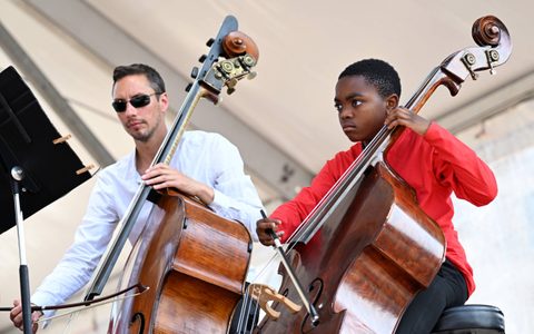 Double-basses on stage at BMW Classics 2023 in Trafalgar Square