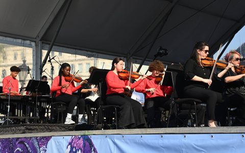 LSO players and young musicians at BMW Classics 2023 in Trafalgar Square