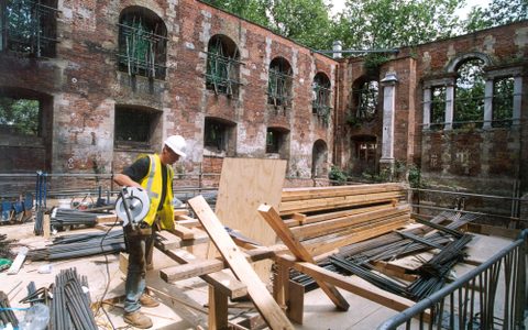 A workman during renovations at St Luke's Church